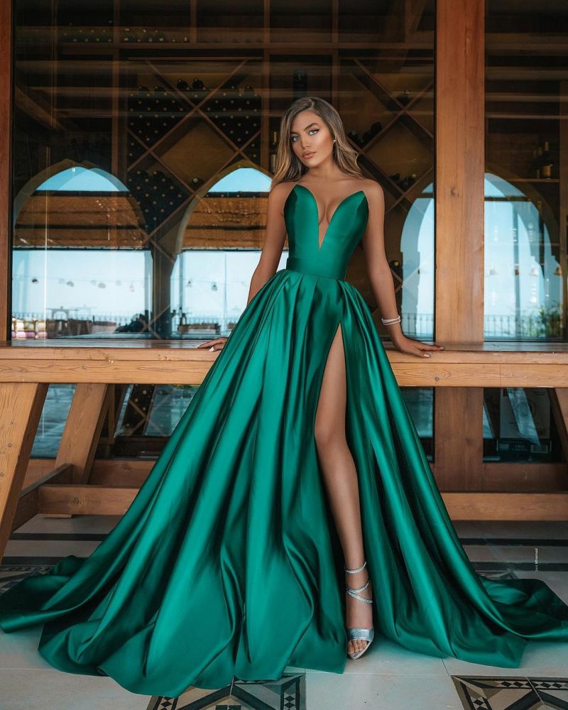 Emerald Green V-Neck Prom Dress Long with Split BM bride