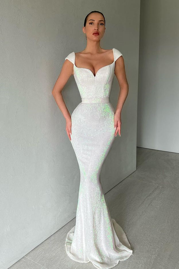 Cap Sleeves Long Sequins Prom Dress Mermaid BM bride