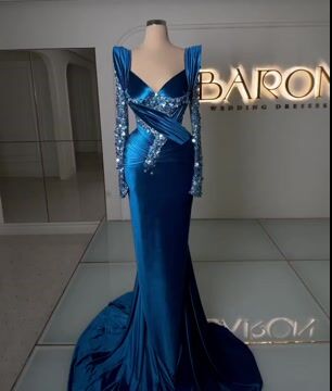 Royal Blue Long Sleeves Mermaid Charmeuse Prom Dress with Beadings BM bride