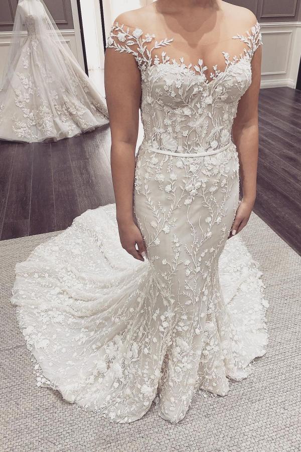 Off-the-Shoulder Backless Floor-Length Mermaid Wedding Dress with Lace Appliques BM bride