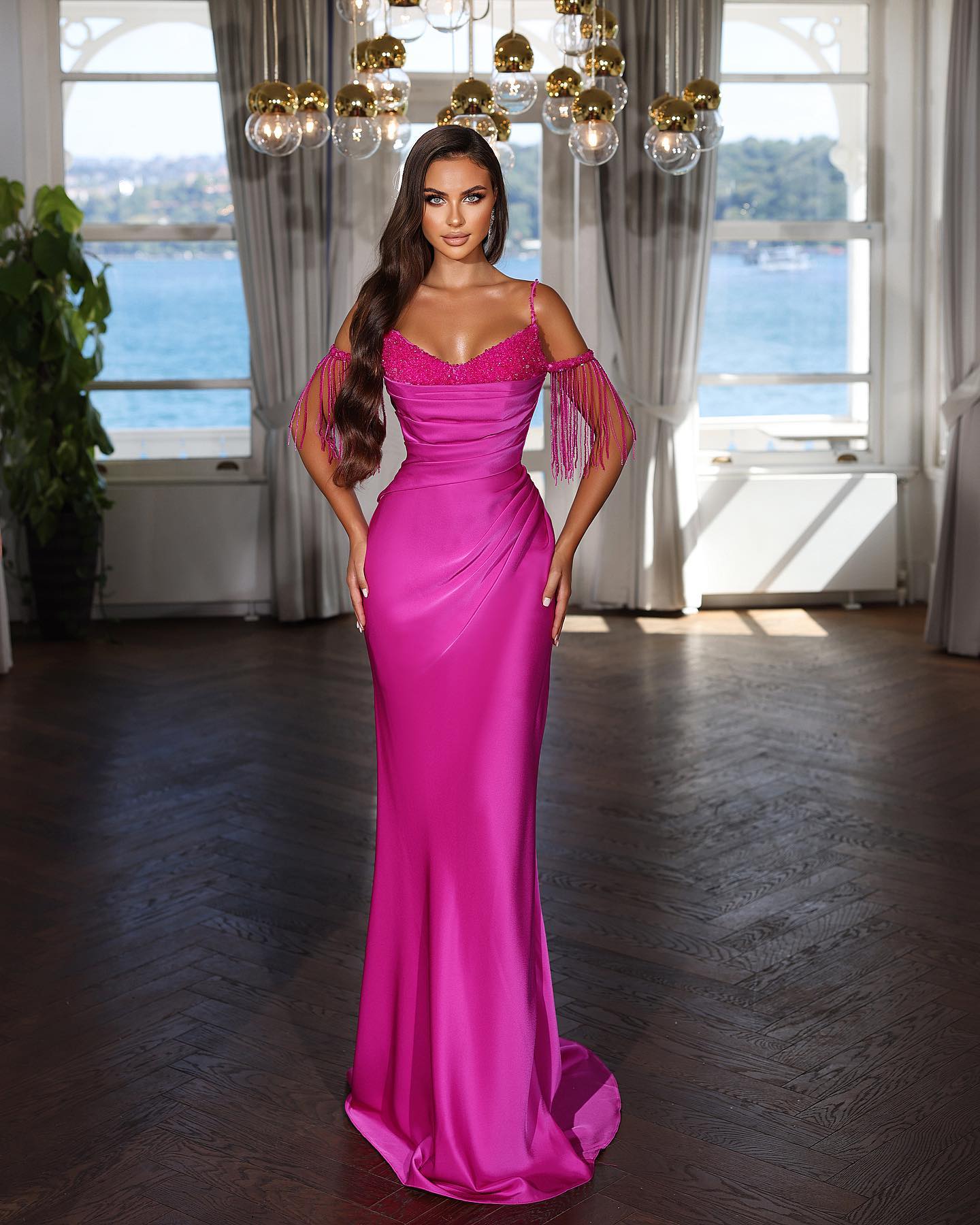 Fuchsia Spaghetti Strap Evening Dress with Pleated Tassel Sequins BM bride