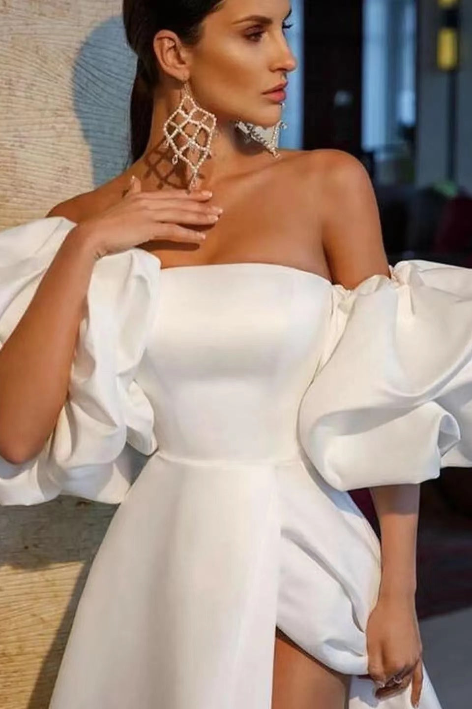 White Off-The-Shoulder Bubble Sleeves Long Evening Dress with Slit BM bride