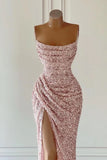 Elegant Strapless Mermaid Evening Dress with Sequins and Slit BM bride