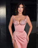 Beautiful Pink Sequins Spaghetti Strap Prom Dress with Satin and Slit BM bride