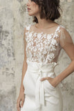 Bateau Neck Short Applique Wedding Dress with Belt and Pockets BM bride