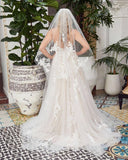 Romantic Long A-Line V-Neck Tulle Wedding Dress with Lace and Open Back BM bride