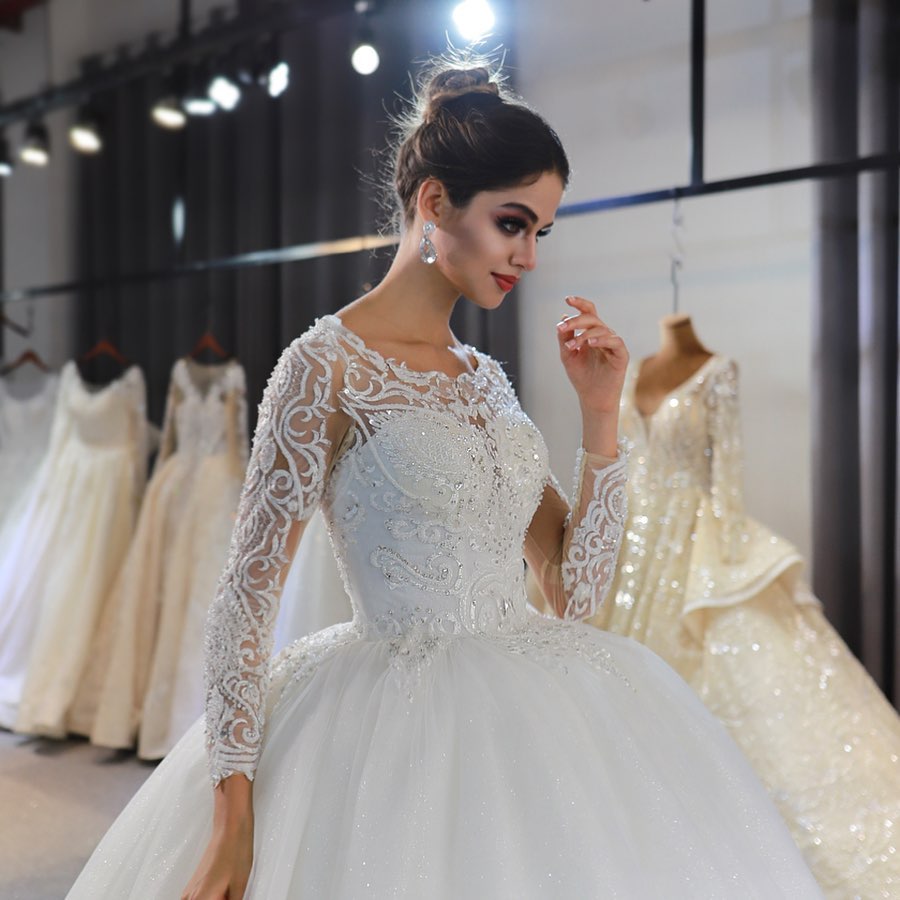 Gorgeous A-Line Bateau Long Sleeve Floor-Length Wedding Dress with Lace and Sequin Appliques BM bride