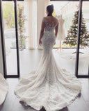 Off-the-Shoulder Backless Floor-Length Mermaid Wedding Dress with Lace Appliques BM bride