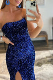 Royal Blue Strapless Mermaid Prom Dress Split with Sequins BM bride