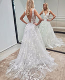 Long A-line Backless Wedding Dress With Tulle Lace V-neck BM bride