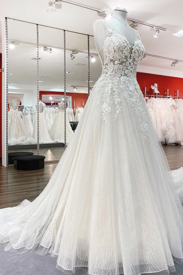 Sweetheart Long A-Line Wedding Dress with Tulle Ruffles, Open Back, and Lace Appliques BM bride