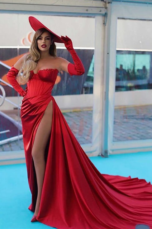 Charming Red Evening Dress Off-the-Shoulder Strapless Long Sleeve with Slit BM bride