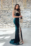 Dark Green Sleeveless V-Neck Mermaid Evening Dress with Applique Split and Detachable Skirt BM bride