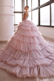 Luxurious Pink Deep V-Neck Sleeveless Prom Dress with Tulle Layered and Crystal BM bride