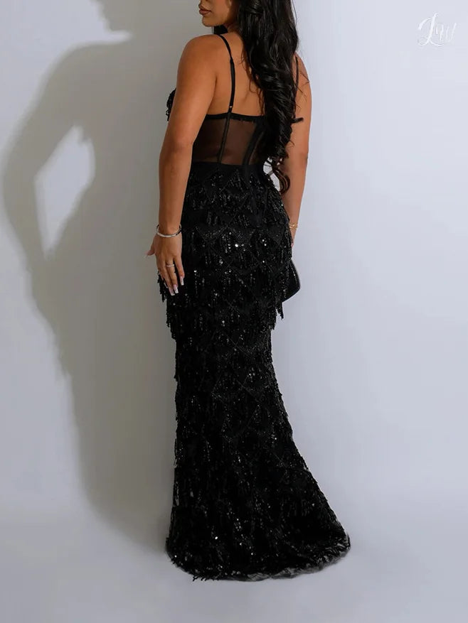 Black Sequin Prom Dress with Sleeveless V Neck and Long Evening Gown BM bride