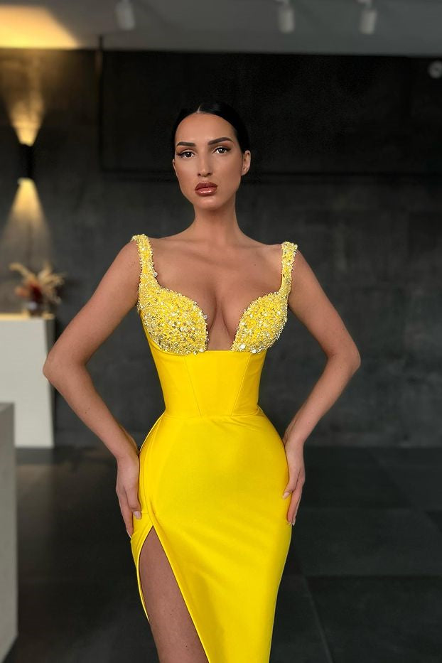 Yellow Sequin Straps Mermaid Prom Dress with Slit BM bride