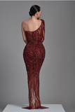 Burgundy One-Shoulder Heavy Sequins Mermaid Evening Dress BM bride