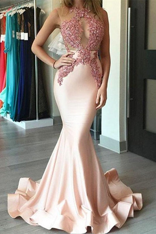 Pink Mermaid Evening Dress with Lace Appliques BM bride