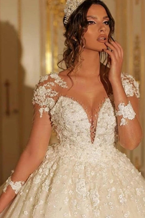 Sweetheart Long Sleeve Floor-Length Wedding Dress with Lace Tulle Appliques BM bride