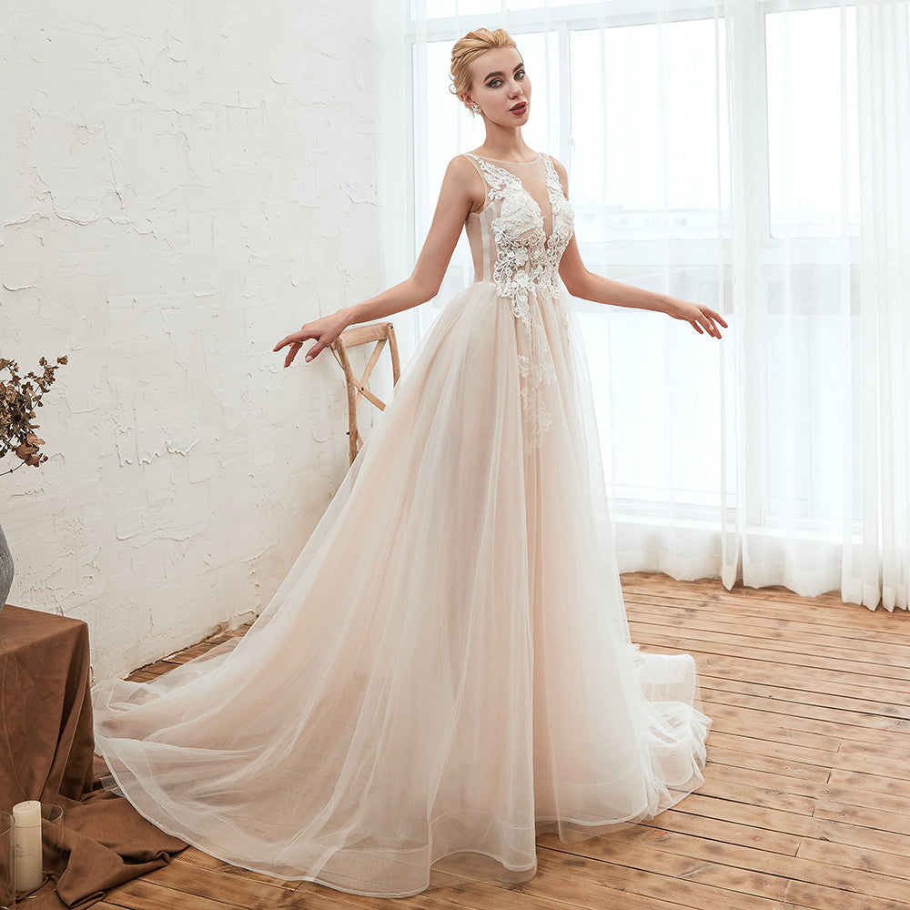 Delicate A-Line Bateau Tulle Open Back Wedding Dress with Floral Lace BM bride