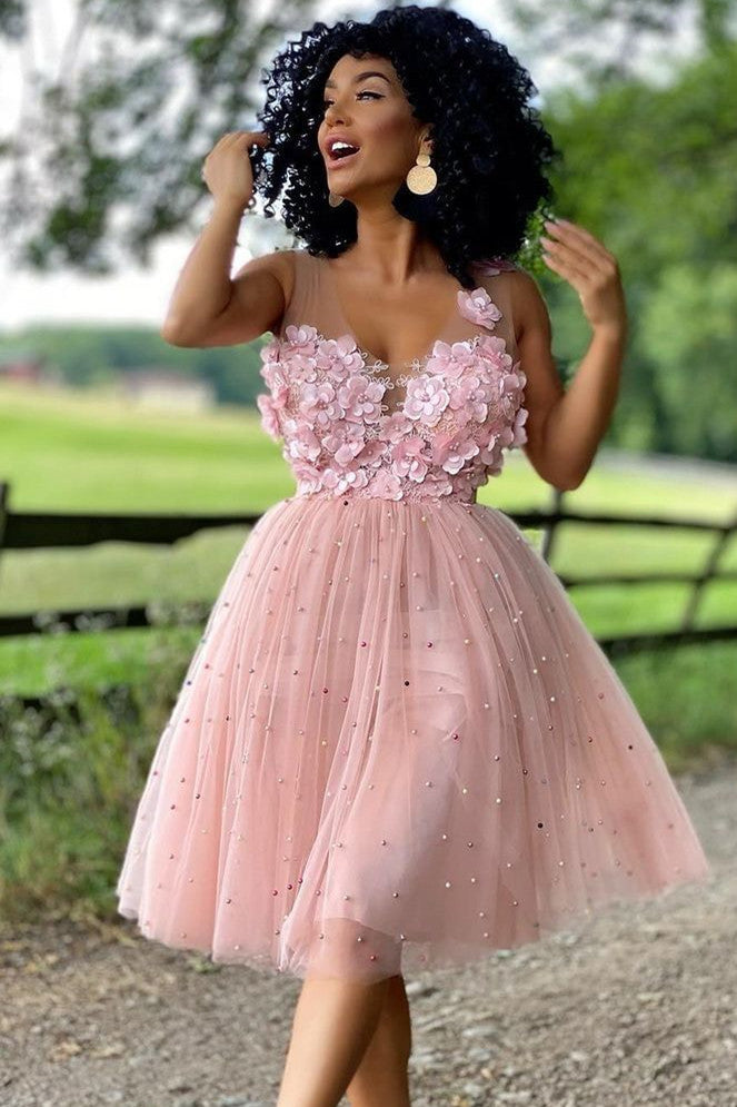 Beautiful A-Line Beaded Tulle Homecoming Dress with Delicate Flowers BM bride