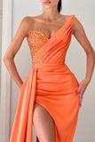 Stunning Orange V-Neck Mermaid Evening Dress Long Split with Beads BM bride