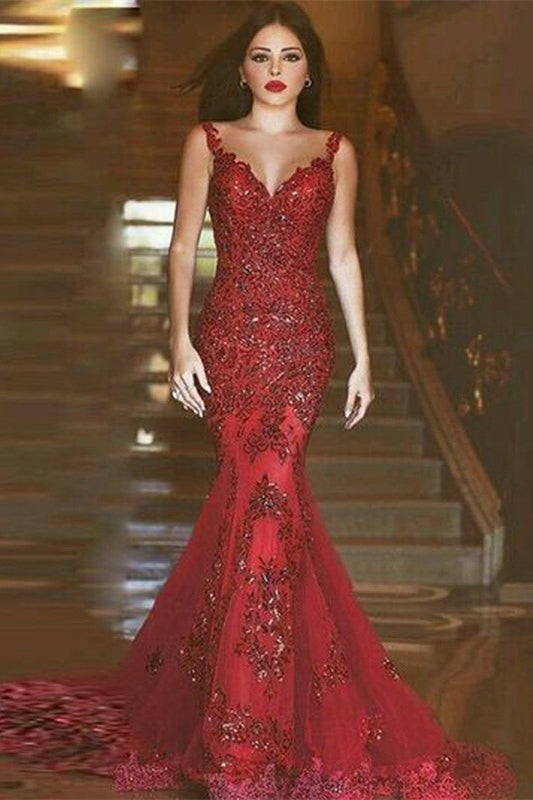 Burgundy Mermaid Evening Dress with Lace Appliques BM bride