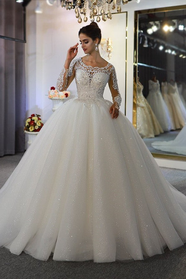 Gorgeous A-Line Bateau Long Sleeve Floor-Length Wedding Dress with Lace and Sequin Appliques BM bride