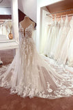 Long A-Line V-Neck Sleeveless Floral Lace Wedding Dress with Tulle and Boho Style BM bride