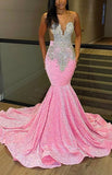 Pink Sleeveless Sequins Mermaid Evening Dress Long with Slit BM bride