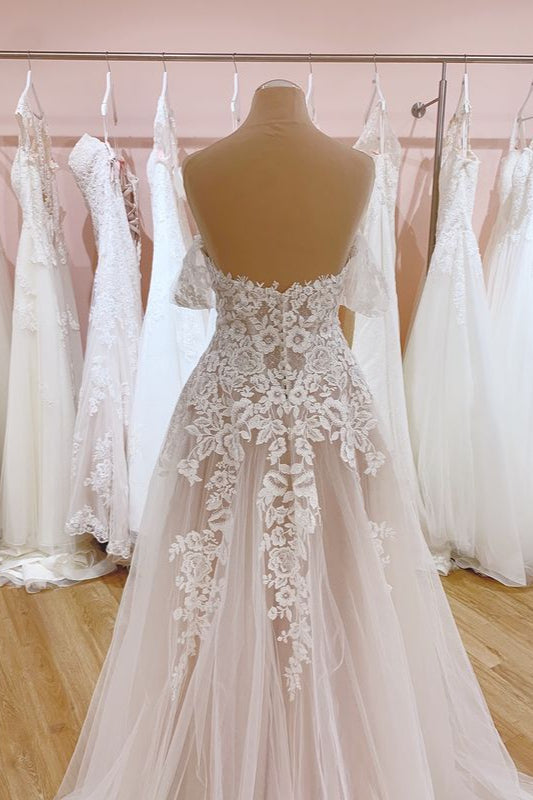 Off-the-Shoulder Train A-Line Wedding Dress with Sweetheart Backless Tulle BM bride