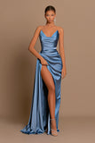 Elegant Royal Blue Long Charmeuse Evening Dress with Slit Pleats BM bride