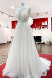 Modest Long A-Line V-Neck Tulle Ruffle Backless Wedding Dress with Lace BM bride