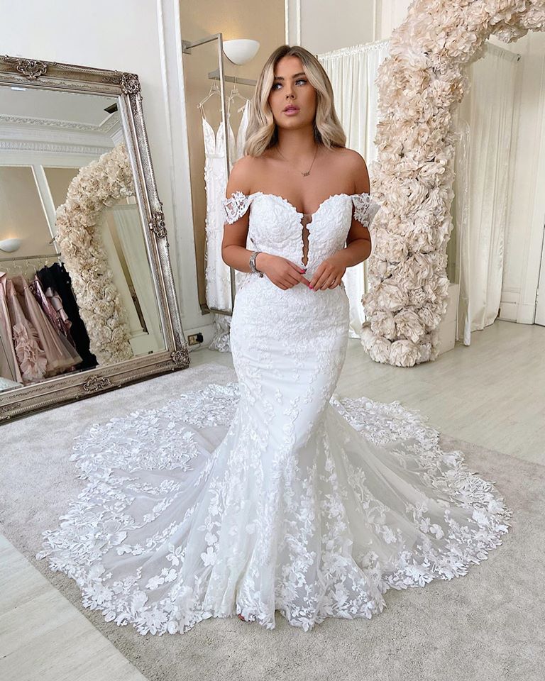 Off-The-Shoulder Long Mermaid Wedding Dress With Backless Design Lace BM bride