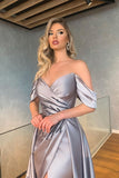 Silver Off-the-Shoulder Mermaid Prom Dress with Slit BM bride