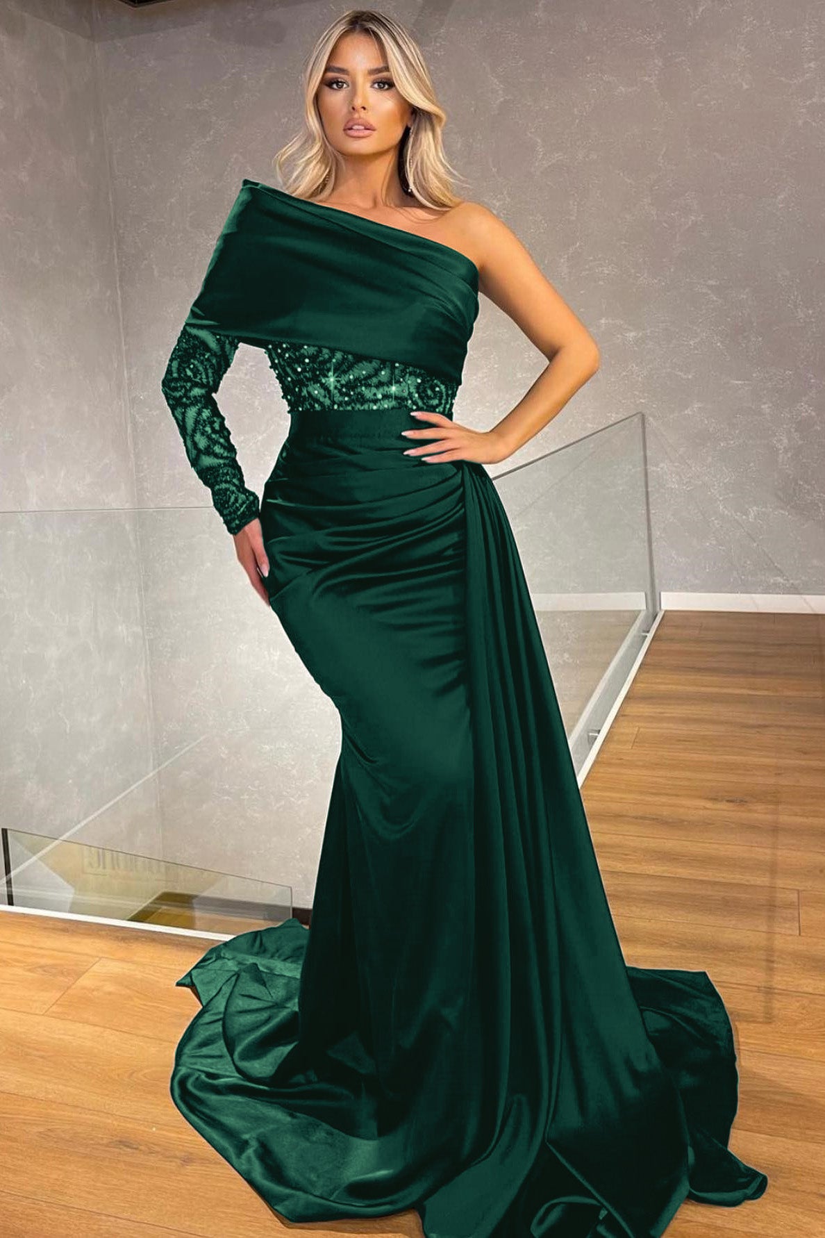 Elegant Black One Shoulder Long Sleeve Mermaid Evening Dress Long with Sequins and Ruffles BM bride