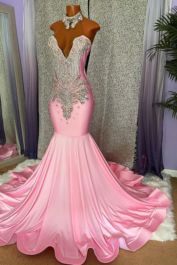 Pink Halter Evening Dress with Rhinestone Appliques BM bride