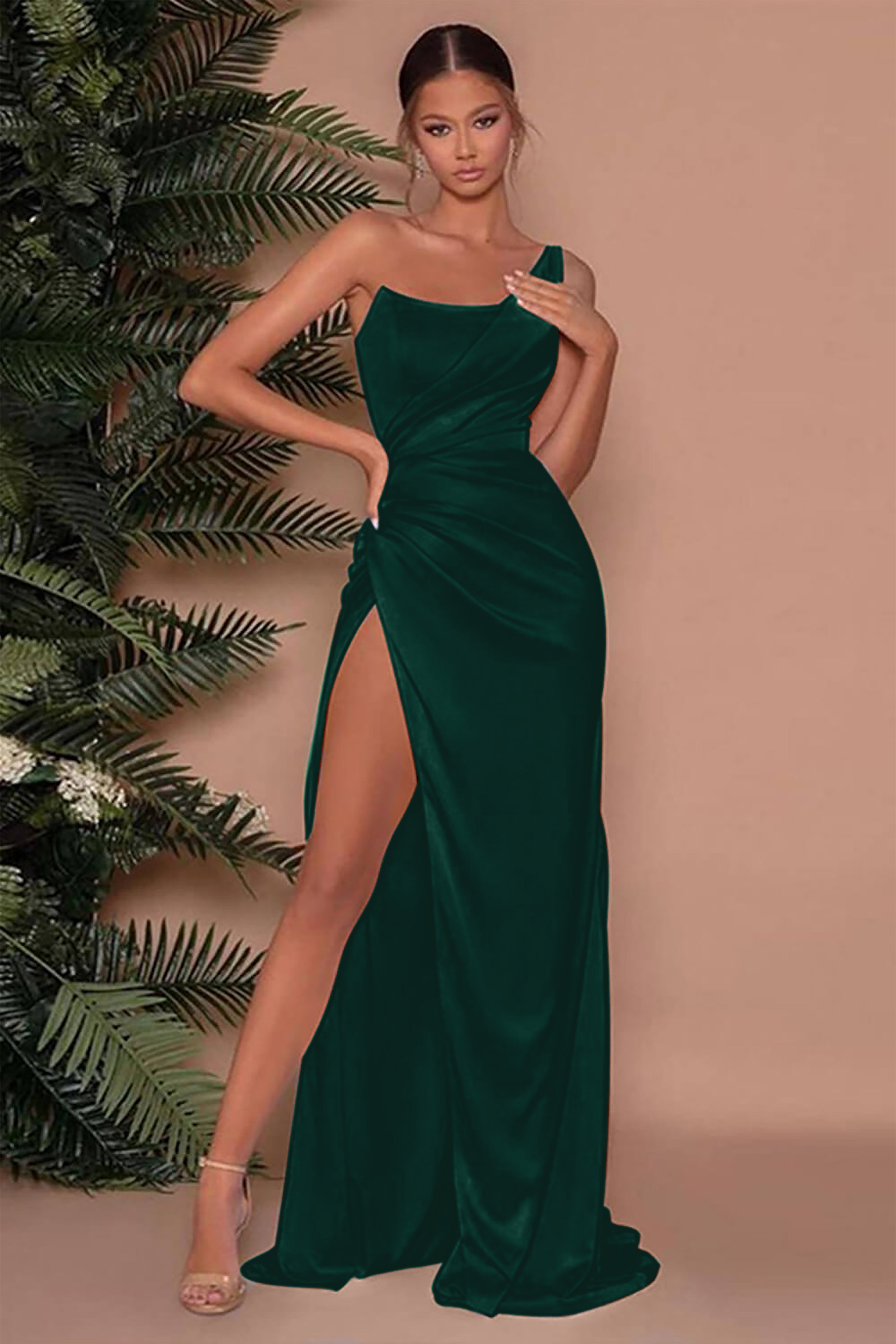 One-Shoulder Sleeveless Mermaid Evening Dress with Slit BM bride