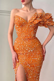 Glitter Orange Off-the-Shoulder V-Neck Mermaid Evening Dress with Sequins Split BM bride