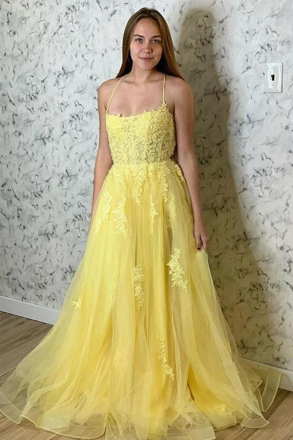 Yellow Lace Appliques Long Evening Dress BM bride