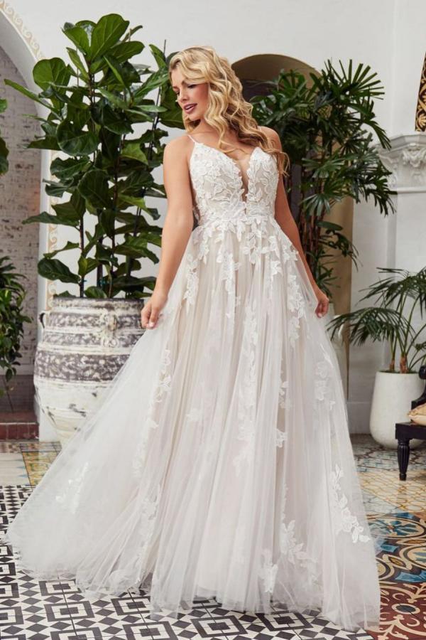 Romantic Long A-Line V-Neck Tulle Wedding Dress with Lace and Open Back BM bride