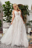 Romantic Long A-Line V-Neck Tulle Wedding Dress with Lace and Open Back BM bride