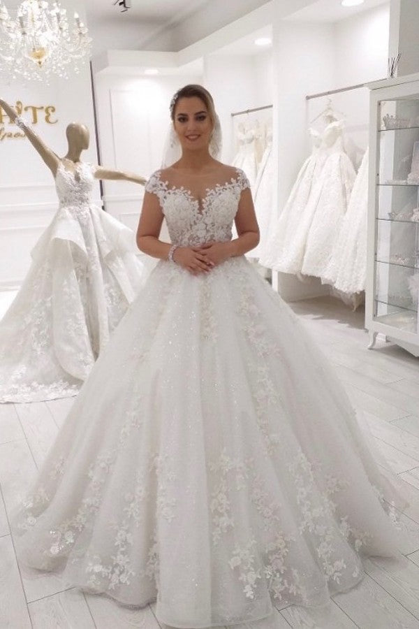 A-Line Sleeveless Wedding Dress Ruffles Tulle Floor-length With Appliques Lace