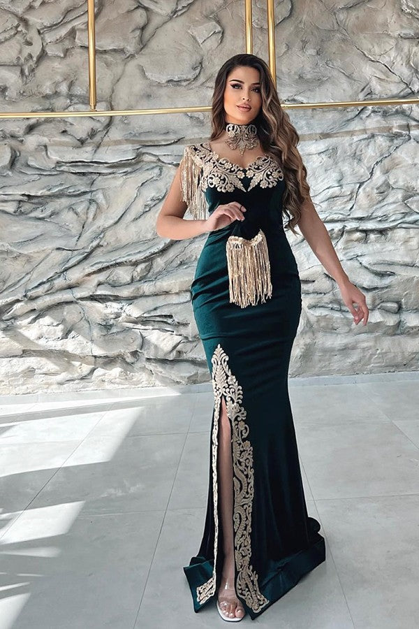 Dark Green Sleeveless V-Neck Mermaid Evening Dress with Applique Split and Detachable Skirt BM bride