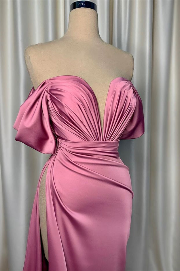 Elegant Pink Evening Dress Charmeuse V-Neck with Pleated Slit BM bride