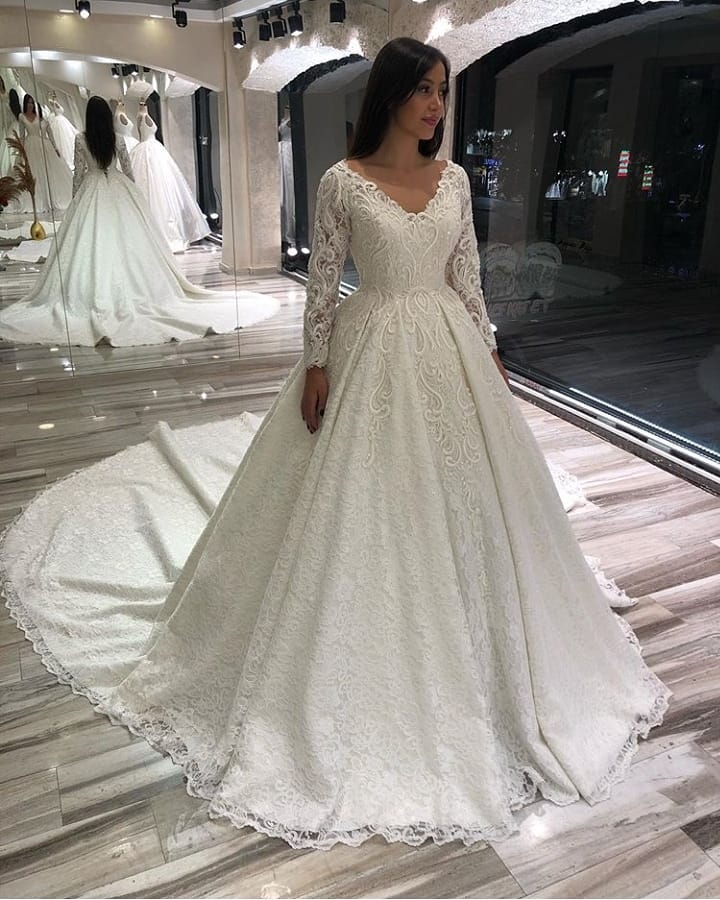 Elegant A-Line Deep V-Neck Long Sleeve Floor-Length Wedding Dress with Lace Appliques BM bride