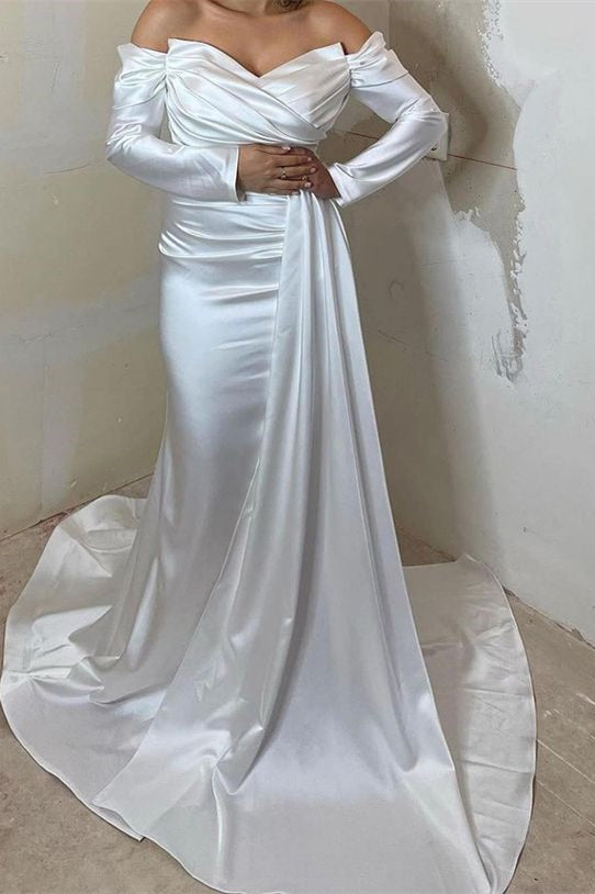 Off-The-Shoulder Sweetheart Long Sleeve Front Split Mermaid Evening Dress with Ruffle BM bride