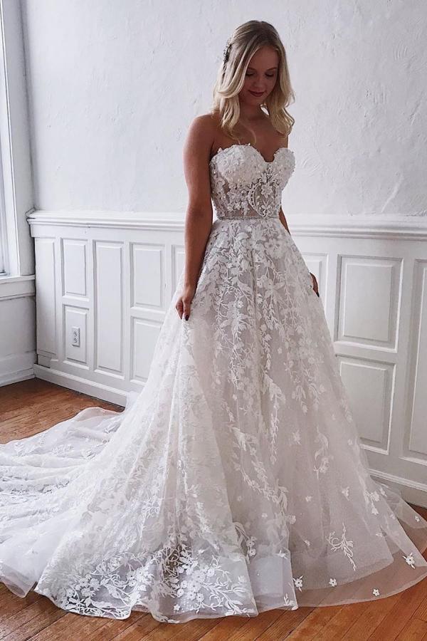 A-Line Floor-Length Wedding Dress with Sweetheart Lace