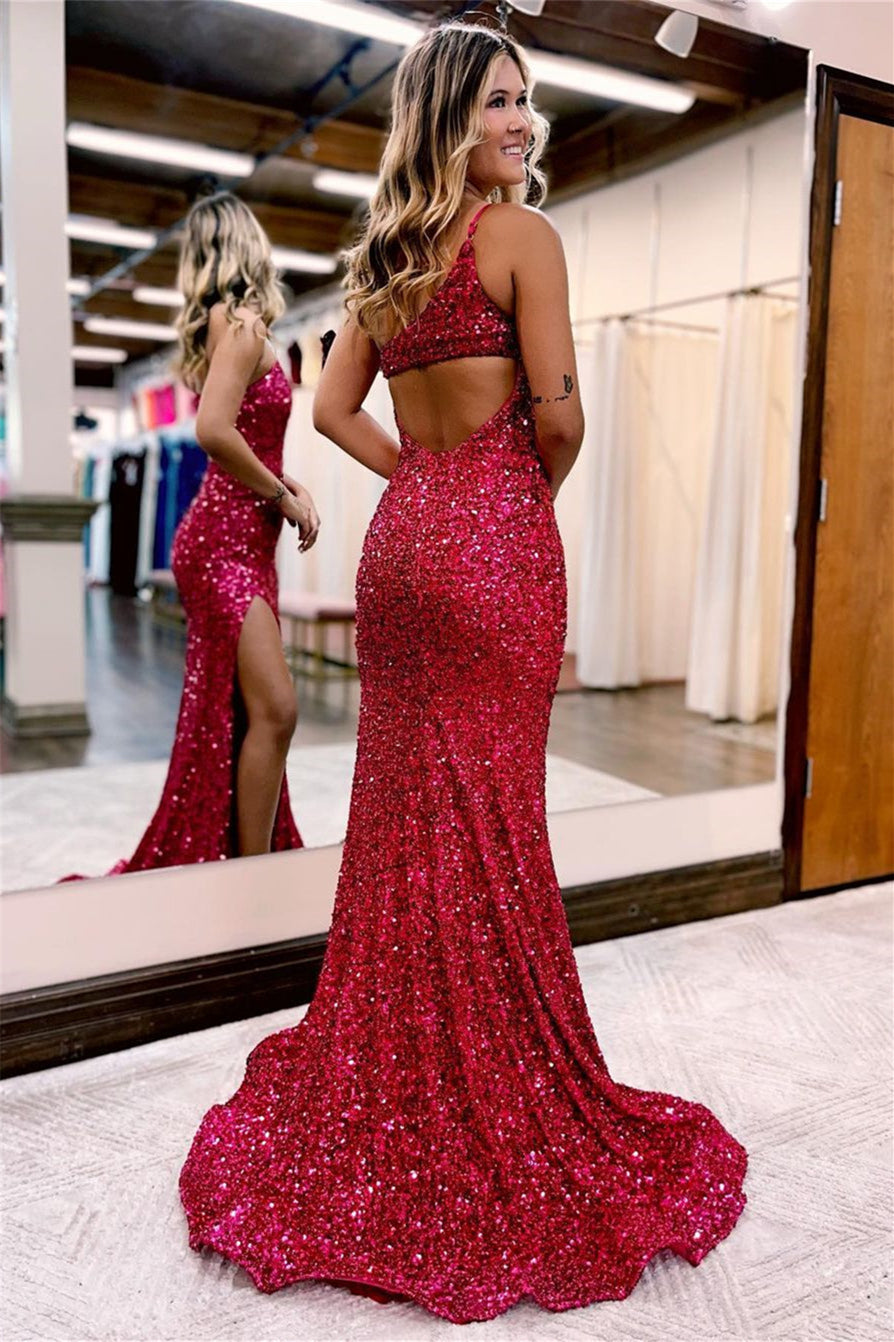 Long Mermaid Evening Dress V Neck with Sequins and Slit BM bride