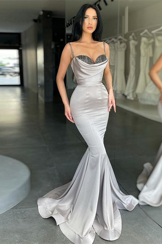 Silver Gray Spaghetti-Straps Sequins Mermaid Prom Dress BM bride